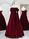 A-Line Long Sleeves Velvet Burgundy Long Prom Dress, Burgundy Long Evening Dress with Beads