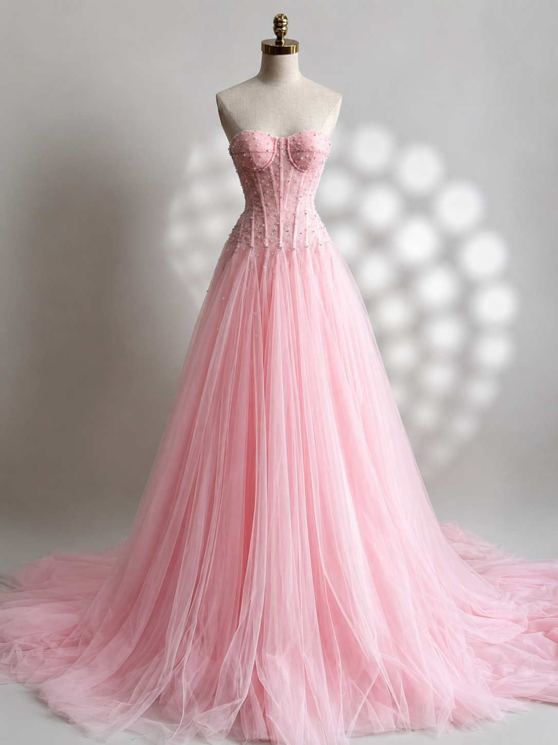 A-line Sweetheart Neck Tulle Sweep Train Pink Prom Dress with Beads