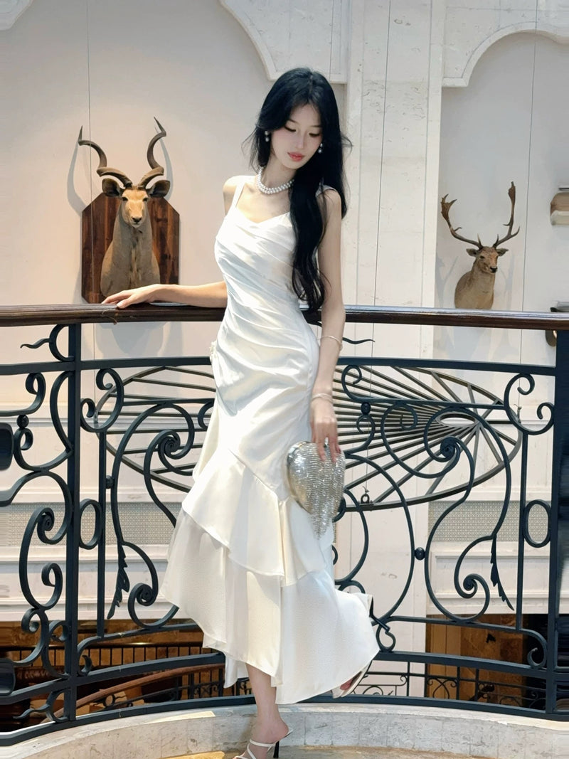 White Mermaid Satin Tea Length Prom Dress, White Long Party Dress