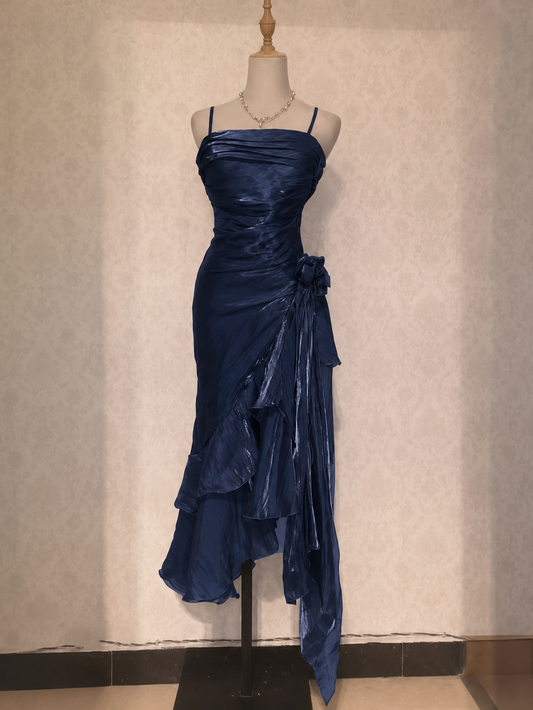 Elegant Silk Tea Length Silk Dark Blue Prom Dress, Dark Blue Party Dress