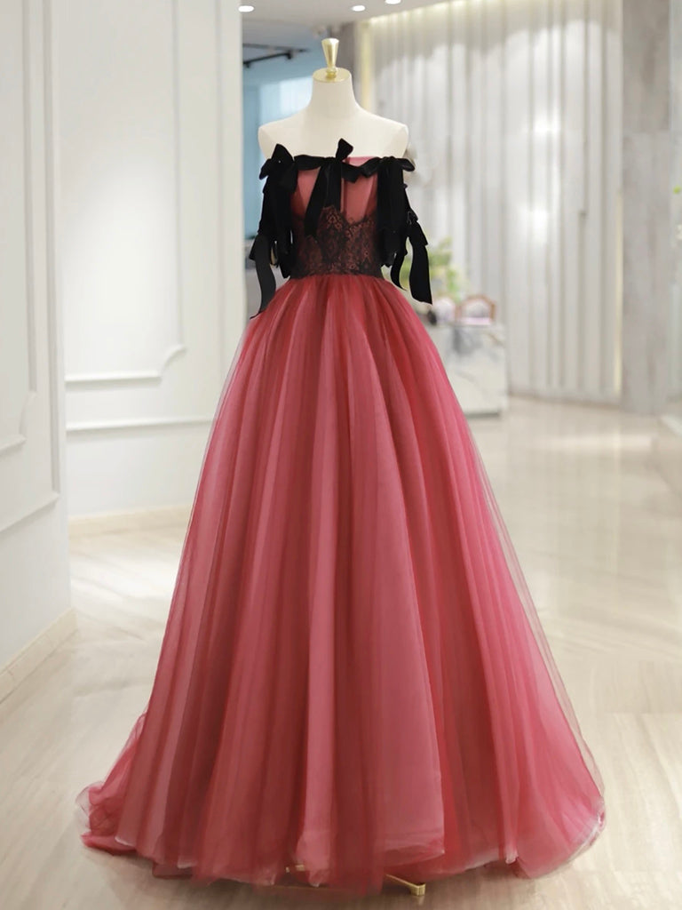 A-Line Tulle Watermelon Red Long Prom Dress, Watermelon Red Tulle Long – shopluu