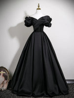 A-Line Off Shoulder Satin Black Long Prom Dress, Black Formal Dress
