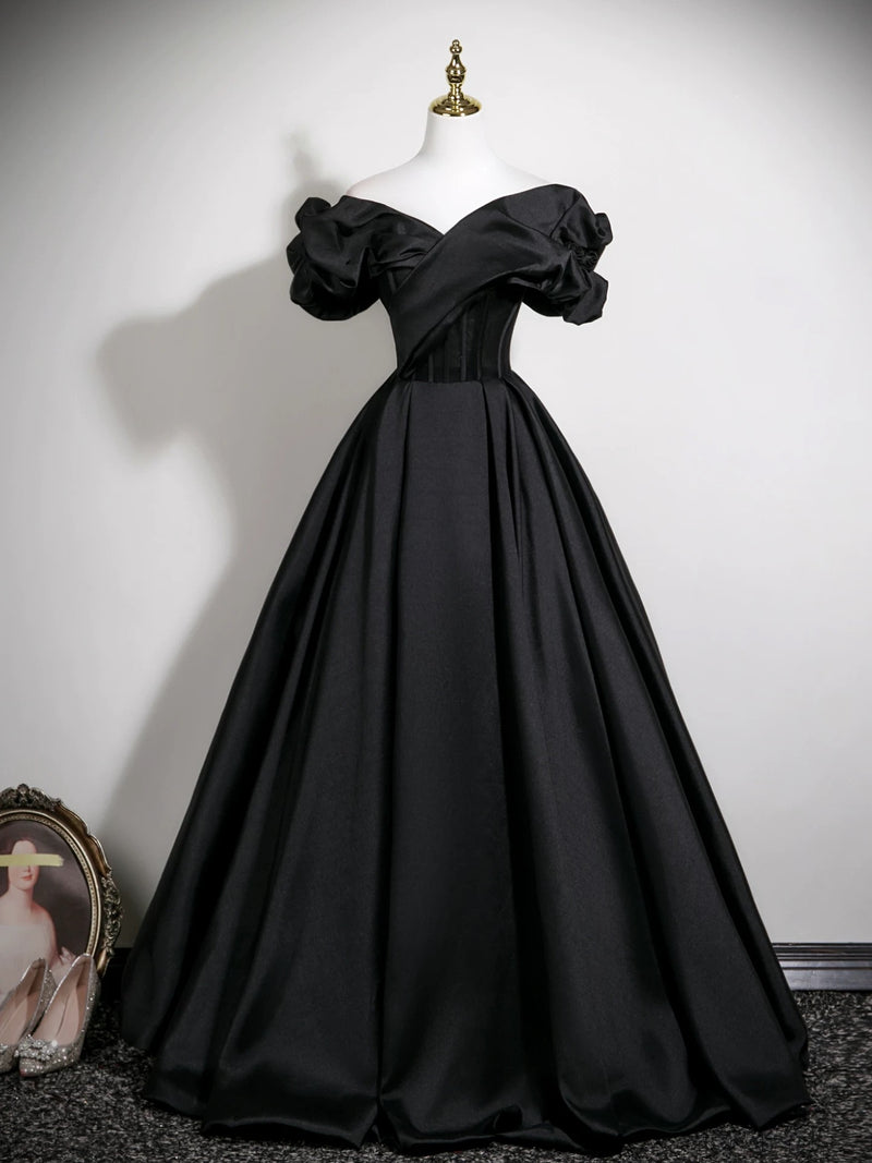 A-Line Off Shoulder Satin Black Long Prom Dress, Black Formal Dress