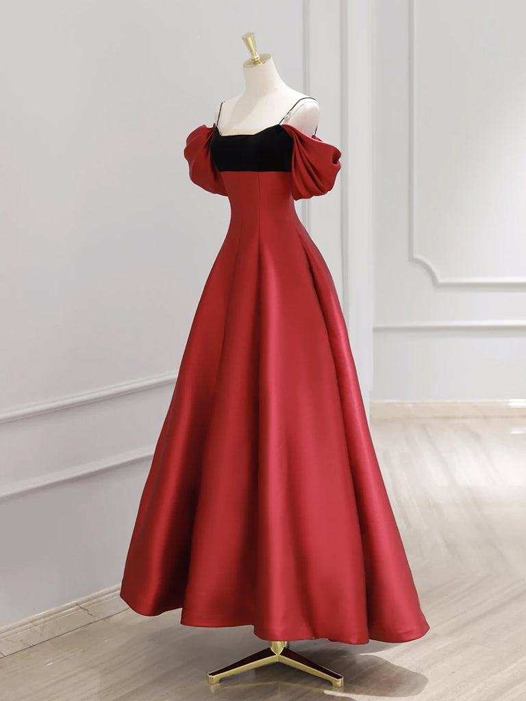 A-Line Off Shoulder Satin Dark Red Long Prom Dress, Red Long Formal Dress US 16 / Custom Color