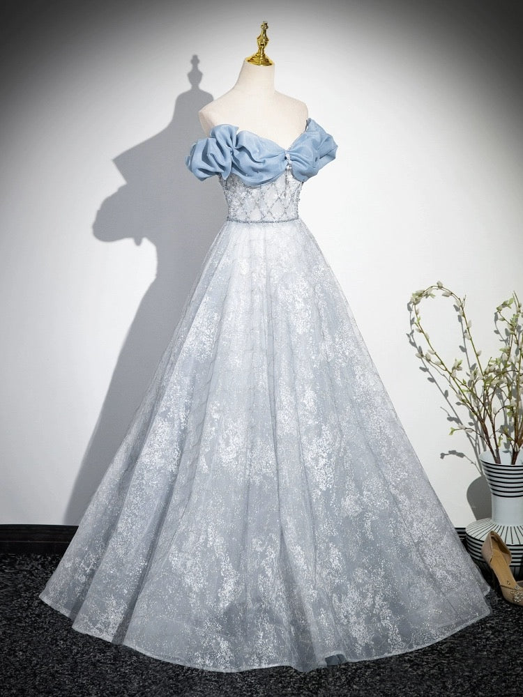 A-Line Off Shoulder Tulle Lace Beads Blue Long Prom Dress, Blue Long Formal Dress US 10 / Blue A-Line Off Shoulder Tulle Lace Beads Blue Long Prom Dress, Blue Long Formal Dress US 10 / Blue