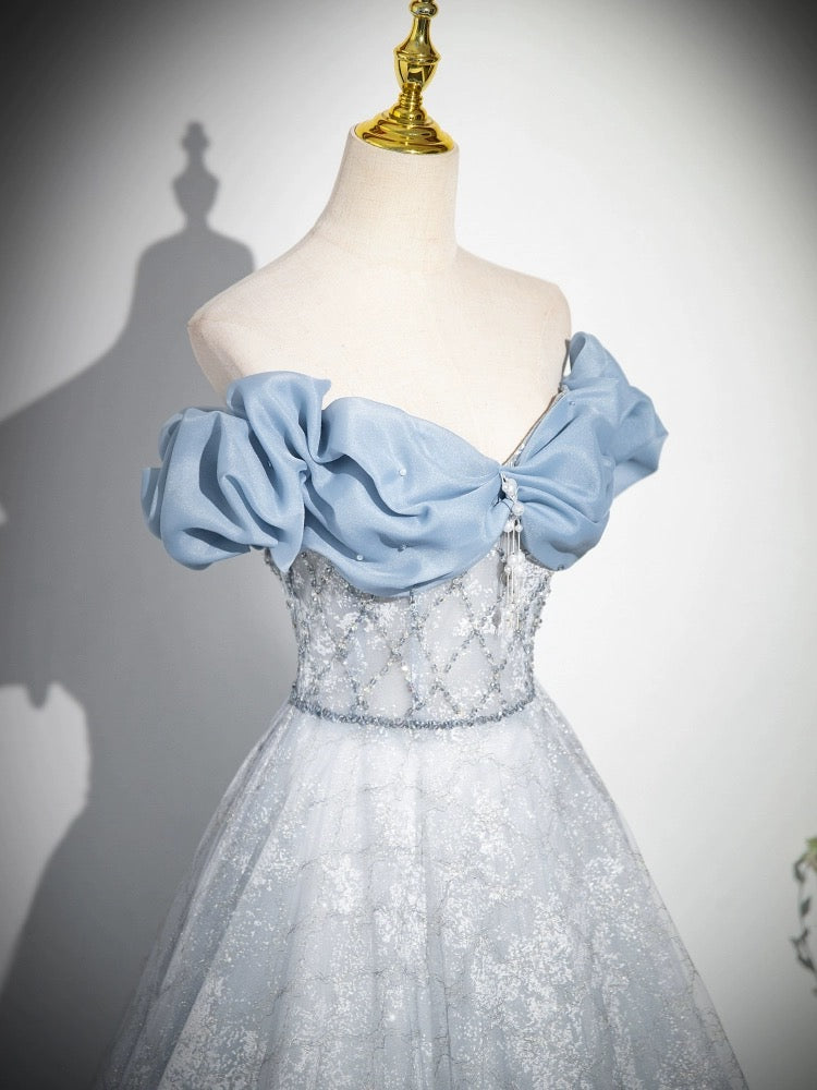 Blue Tulle Sequins Long Prom Dress with Lace, Beautiful Off the Shoulder Evening Party Dress US 10 / Blue Blue Tulle Sequins Long Prom Dress with Lace, Beautiful Off the Shoulder Evening Party Dress US 10 / Blue