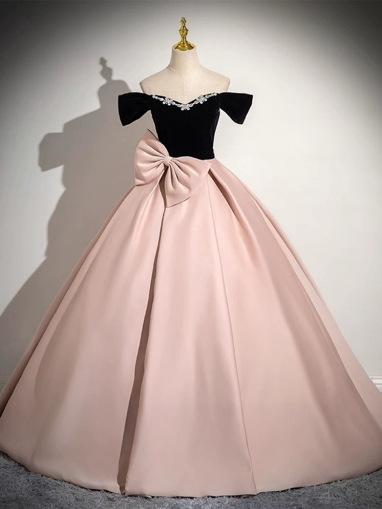 A-Line Off Shoulder Satin Pink Long Prom Dress, Pink Long Formal Dress