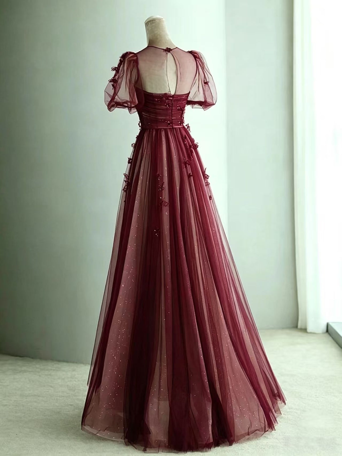 A-line Puff Sleeves Tulle Long Burgundy Prom Dress with Butterfly Applique