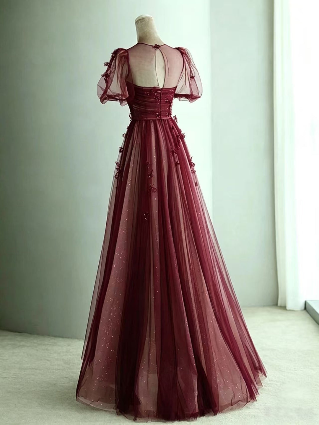 A-Line Puff Sleeves Tulle Burgundy Long Prom Dress, Burgundy Long Even   shopluu