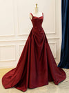 A-Line Satin Burgundy Long Prom Dress, Burgundy Long Evening Dress