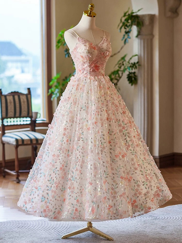 A-Line V Neck Flower Lace Tea Length Pink Prom Dress, Pink Formal Dress US 12 / Pink A-Line V Neck Flower Lace Tea Length Pink Prom Dress, Pink Formal Dress US 12 / Pink