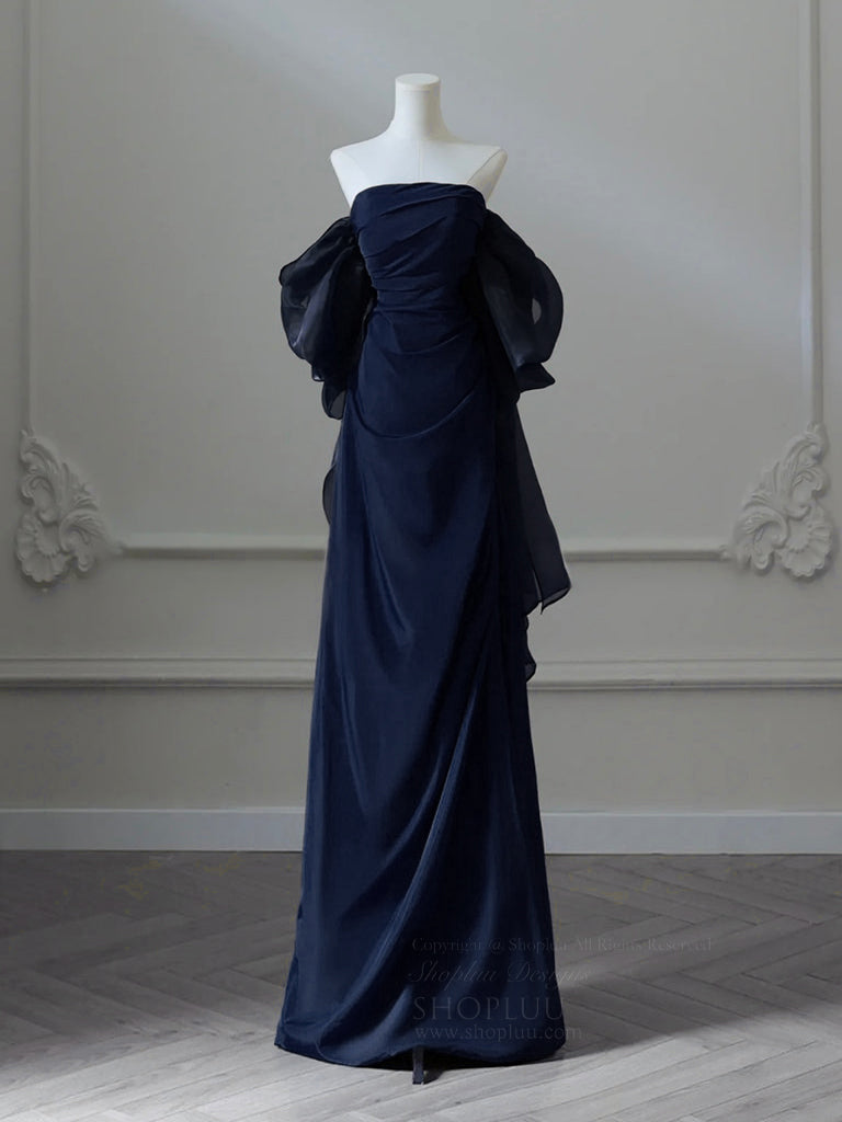 A-Line Satin Dark Blue Long Prom Dress, Dark Blue Long Evening Dress