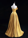 A-Line V Neck Satin Gold Long Prom Dress, Gold Long Formal Dress