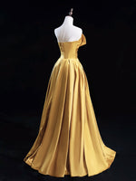 A-Line V Neck Satin Gold Long Prom Dress, Gold Long Formal Dress