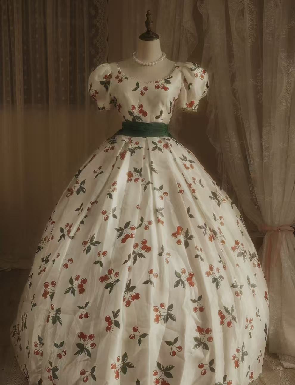 Ball Gown A-line Satin Retro White Long Prom Dress with Green Belt