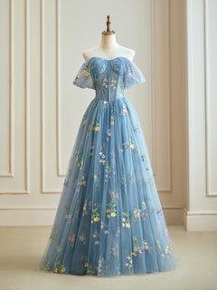 Blue A-Line Tulle Lace Long Prom Dress, Blue Lace Long Formal Dress