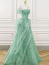 A-Line Off Shoulder Tulle Lace Mint Blue Long Prom Dress, Mint Blue Long Formal Dress