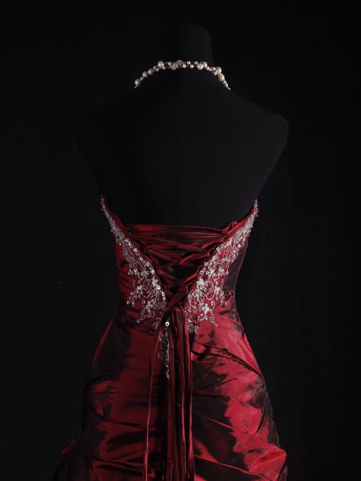 A-line Satin irregular Lace Sequin Burgundy Long Prom Dress
