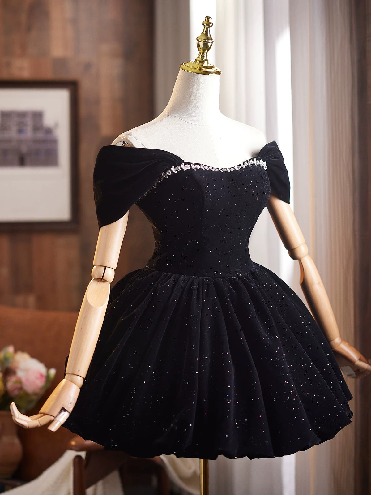 A-Line Off Shoulder Mini Black Short Prom Dress, Black Homecoming Dress