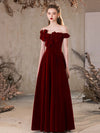 A-Line Off Shoulder Velvet Burgundy Long Prom Dress, Burgundy Long Formal Dress