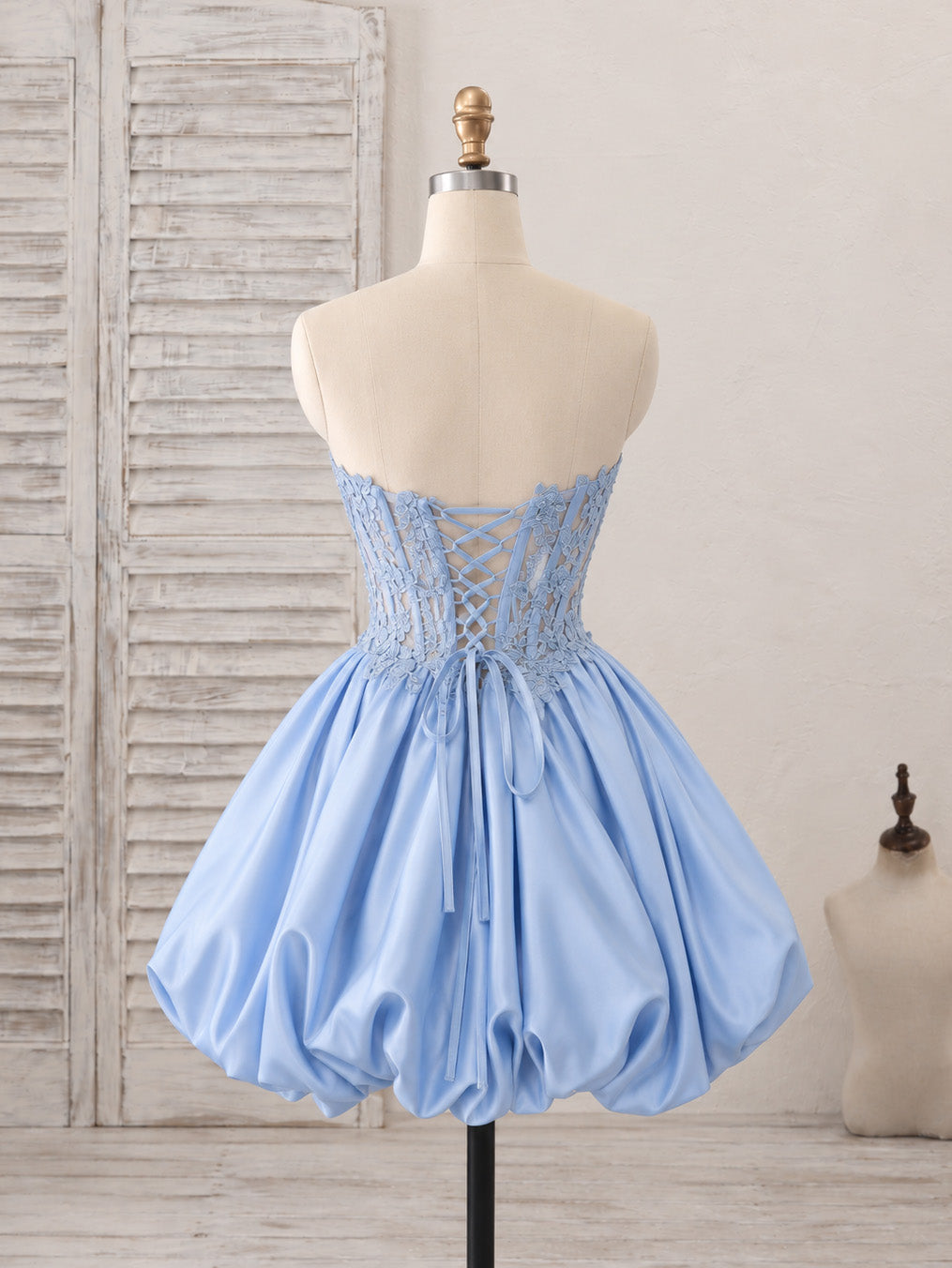 Cute Sweetheart Neck Satin Lace Blue Short Prom Dress