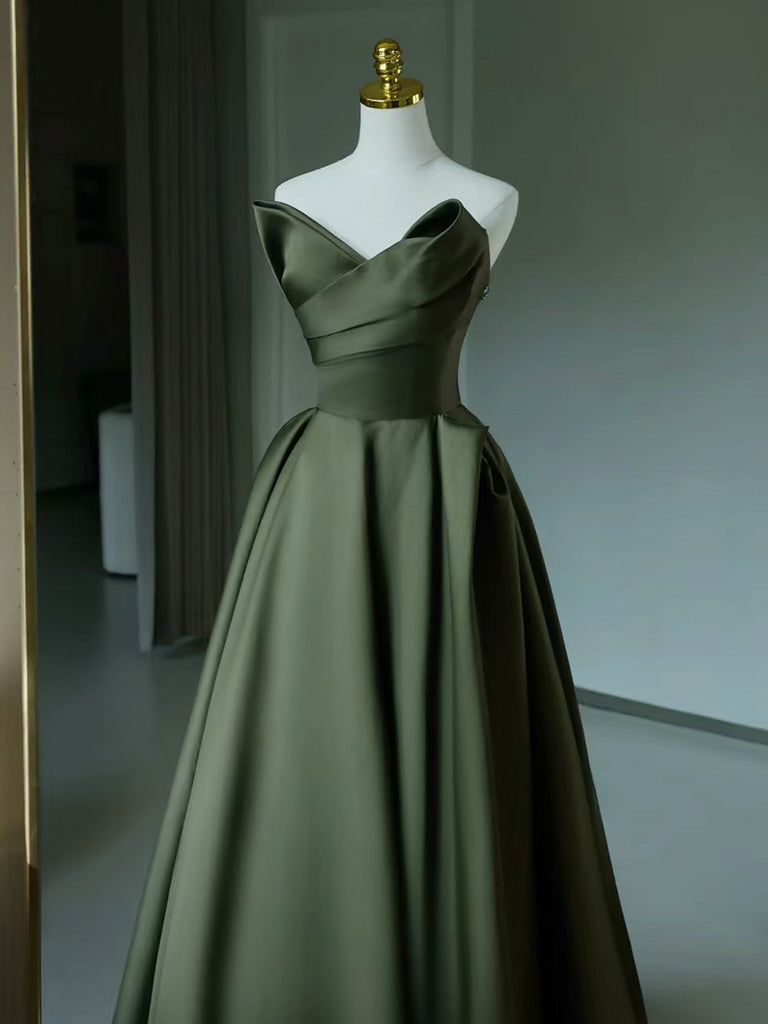 A-Line V Neck Satin Green Long Prom Dress, Green Long Evening Dress