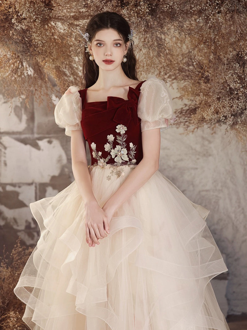A-Line Tulle Velvet Burgundy/Champagne Long Prom Dress, Cute Sweet