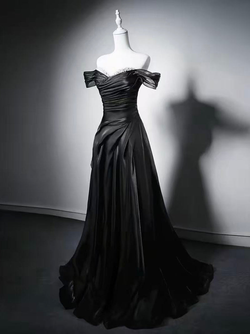 A-line Off Shoulder Black Long Prom Dress with Beads – shopluu