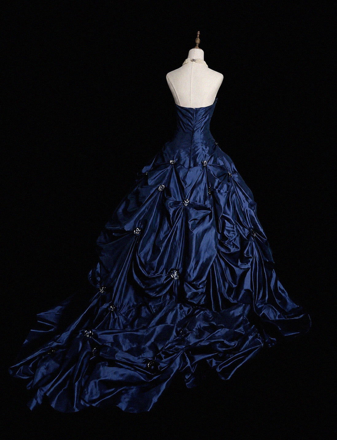 A-line Sweep Train Dark Blue Long Prom Dress with Beads