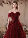 A-Line Off Shoulder Tulle Burgundy Long Prom Dress, Burgundy Long Evening Dress
