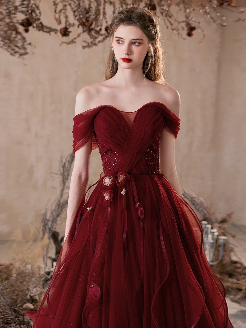 A-Line Off Shoulder Tulle Burgundy Long Prom Dress, Burgundy Long Evening Dress