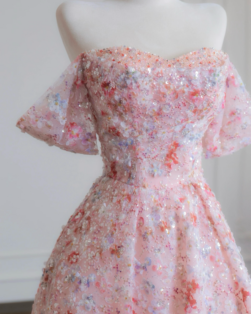 A-Line Lace Sequin Pink Long Prom Dress, Pink Long Sweet 16 Dress