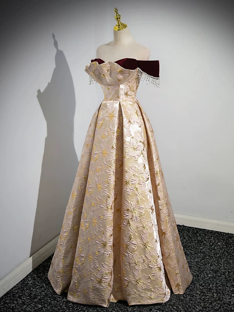 A-Line Off Shoulder Satin Champagne Long Prom Dress, Champagne Long Formal Dress