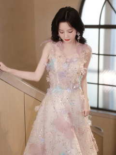 A-Line Tulle Lace Light Pink Long Prom Dress, Light Pink Formal Dress