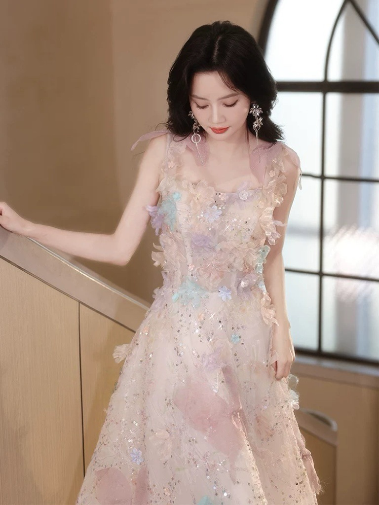 A-Line Tulle Lace Light Pink Long Prom Dress, Light Pink Formal Dress