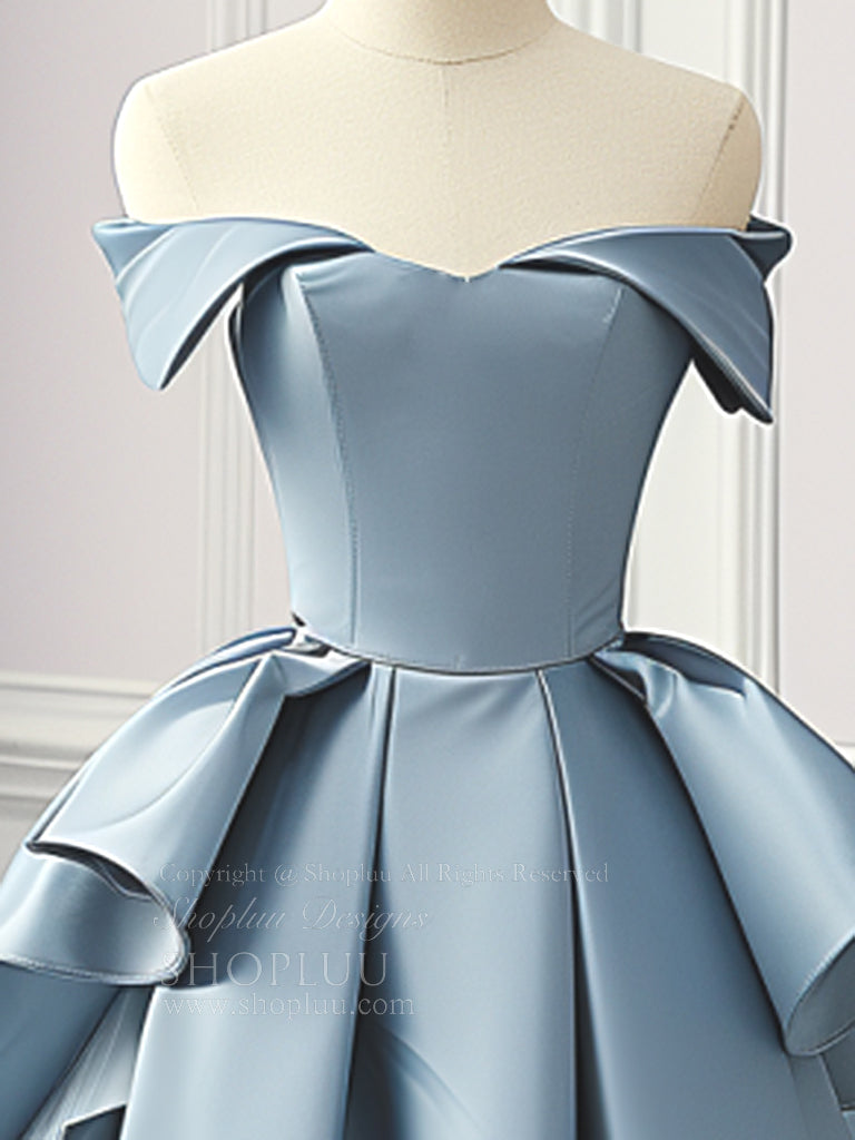A-Line Off Shoulder Satin Blue Long Prom Dress, Blue Satin Long Formal Dress