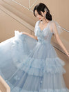 A-Line Tulle Blue Long Prom Dress, Blue Tulle Long Evening Formal Dress