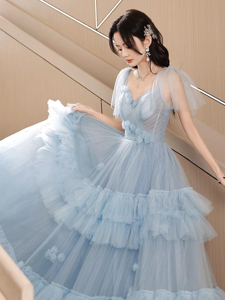A-Line Tulle Blue Long Prom Dress, Blue Tulle Long Evening Formal Dress