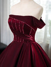 A-Line off Shoulder Satin Burgundy Long Prom Dress, Burgundy Evening Dress with Beads