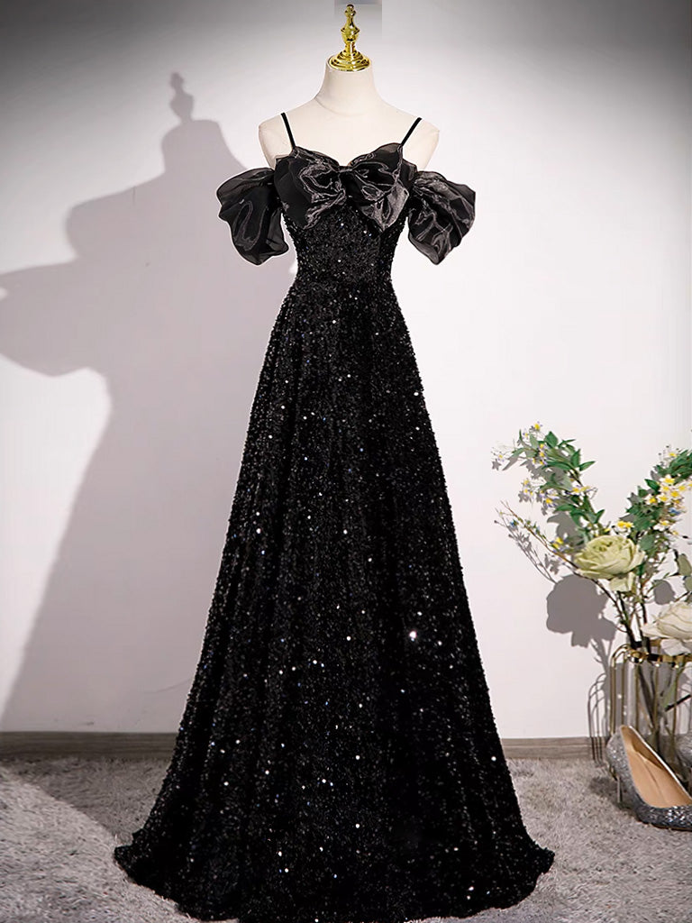 Black Off Shoulder Velvet Sequin Long Prom Dress, Black Long Evening Dress