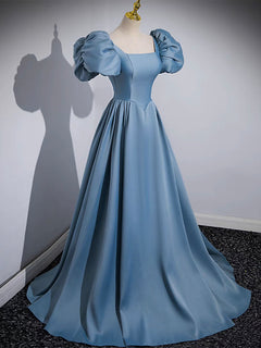 A-Line Puff Sleeves Satin Blue Long Prom Dress, Blue Long Formal Dress