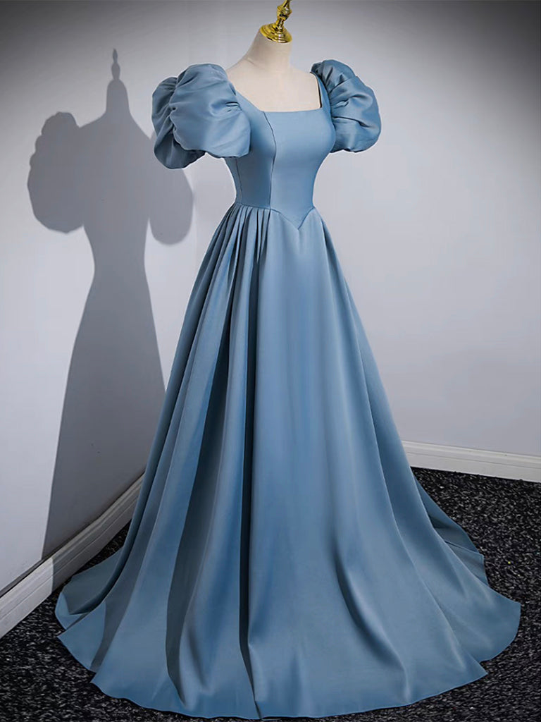 A-Line Puff Sleeves Satin Blue Long Prom Dress, Blue Long Formal Dress – shopluu