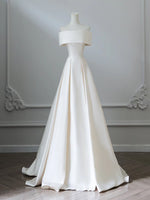 A-Line Off Shoulder Satin ivory Long Prom Dress, ivory Long Formal Dress