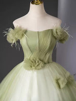 A-Line Off Shoulder Tulle Green Long Prom Dress, Green Long Evening Dress