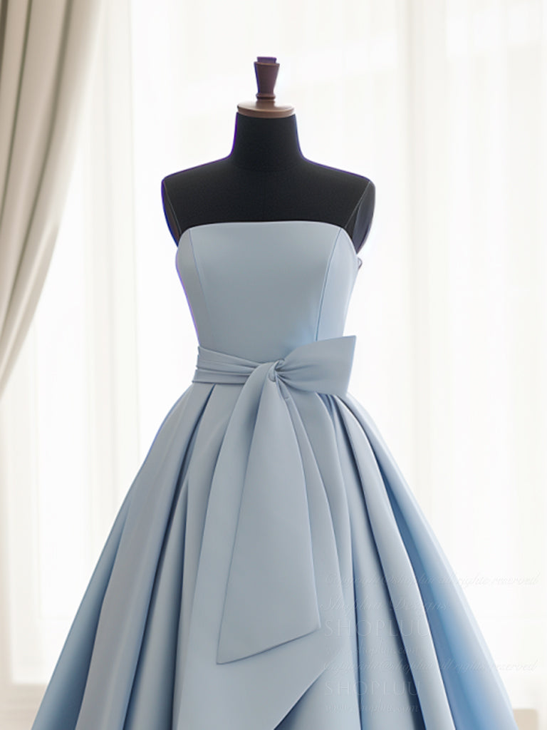 A-Line Satin Blue Long Prom Dress, Blue Satin Long Formal Dress