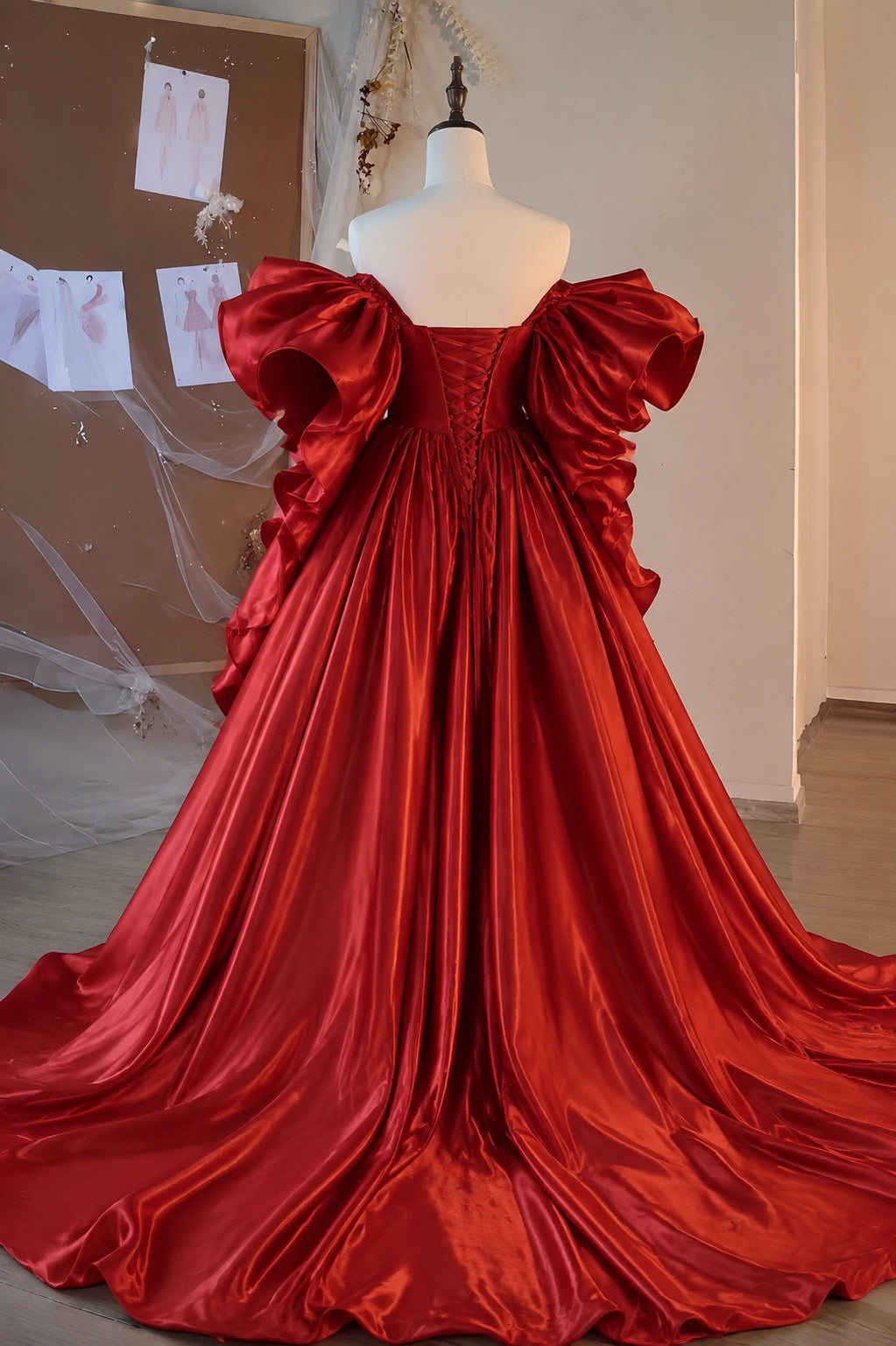 A-line Red Satin Sweep Train Long Prom Dress, Red Long Formal Dress