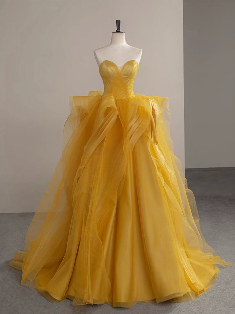 A-Line Sweetheart Neck Tulle Yellow Long Prom Dress, Yellow Long Formal Dress