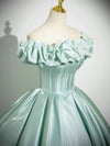 A-Line Off Shoulder Satin Mint Green Long Prom Dress, Mint Green Long Formal Dress