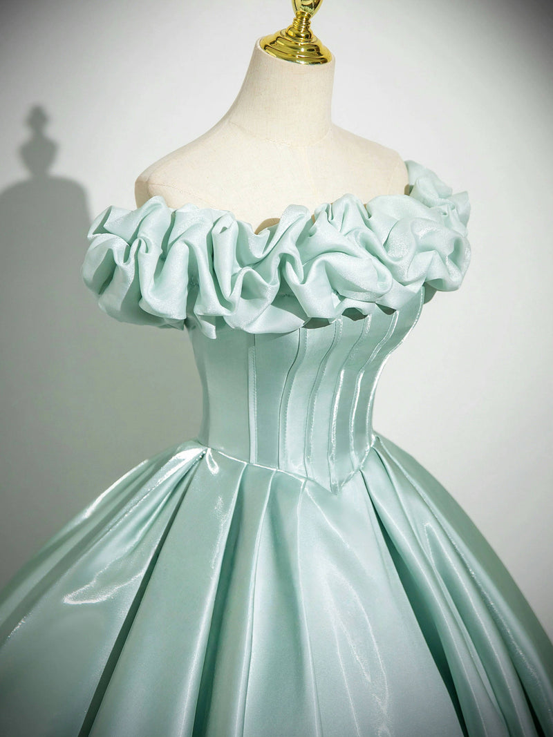 A-Line Off Shoulder Satin Mint Green Long Prom Dress, Mint Green Long Formal Dress