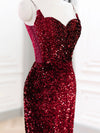Simple Mermaid Sequin Burgundy Long Prom Dress, Burgundy Evening Dress